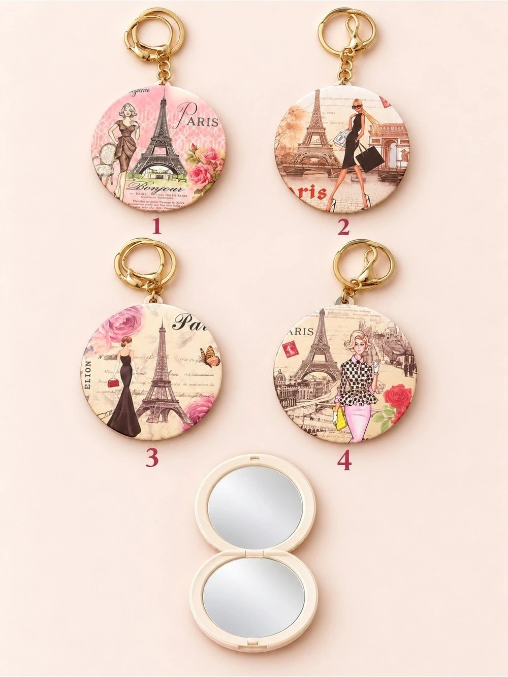 Paris Eiffel Tower Keychain Set & Compact Mirror